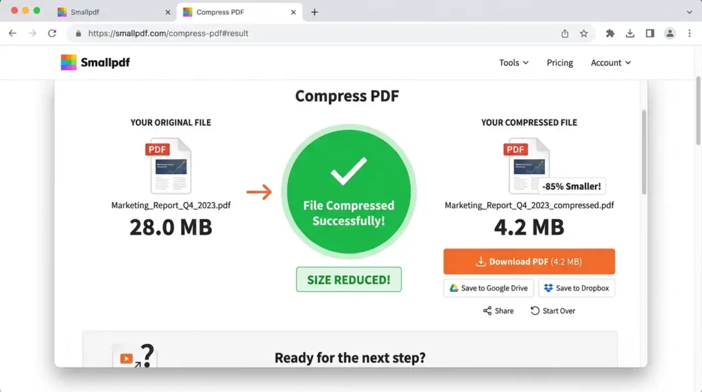 How to Compress PDF Without Losing Quality (Free Tools 2026) 7 Smallpdf_compress_PDF_success_202605311208