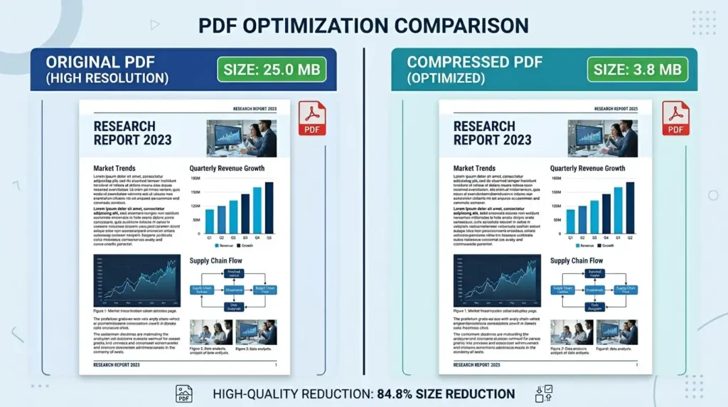 How to Compress PDF Without Losing Quality (Free Tools 2026) 8 Split_screen_PDF_comparison_202605311208