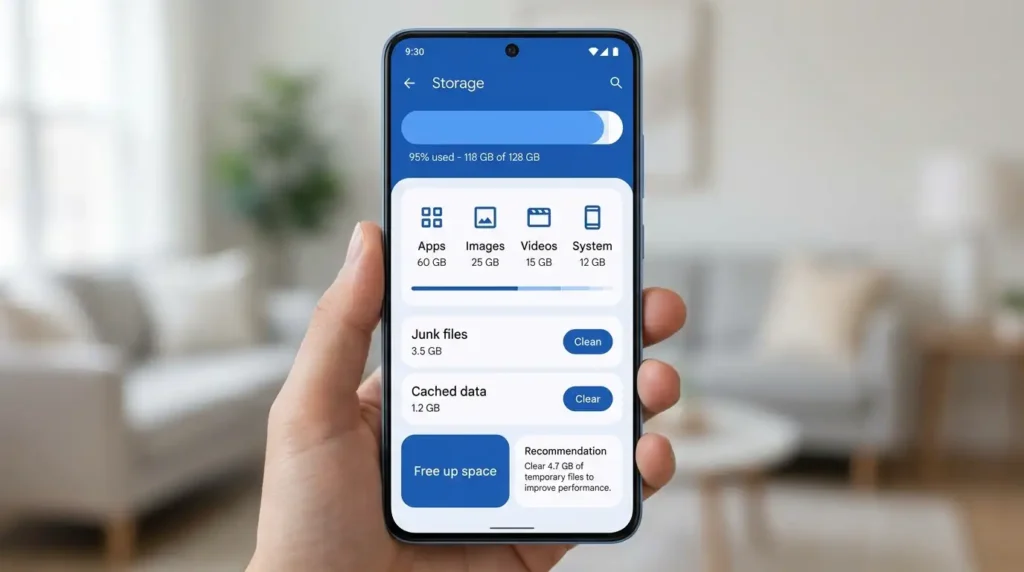 Best Ways to Speed up slow Android phone 2026 (Without Factory Reset) 8 Android storage settings screen showing low space and junk files