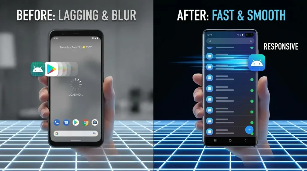 Best Ways to Speed up slow Android phone 2026 (Without Factory Reset) 10 Before and after comparison of fast vs slow Android phone performance 2026