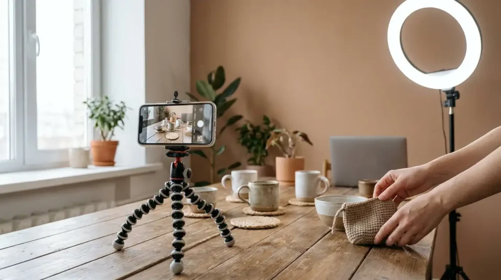Behind the scenes photographing handmade products for online selling