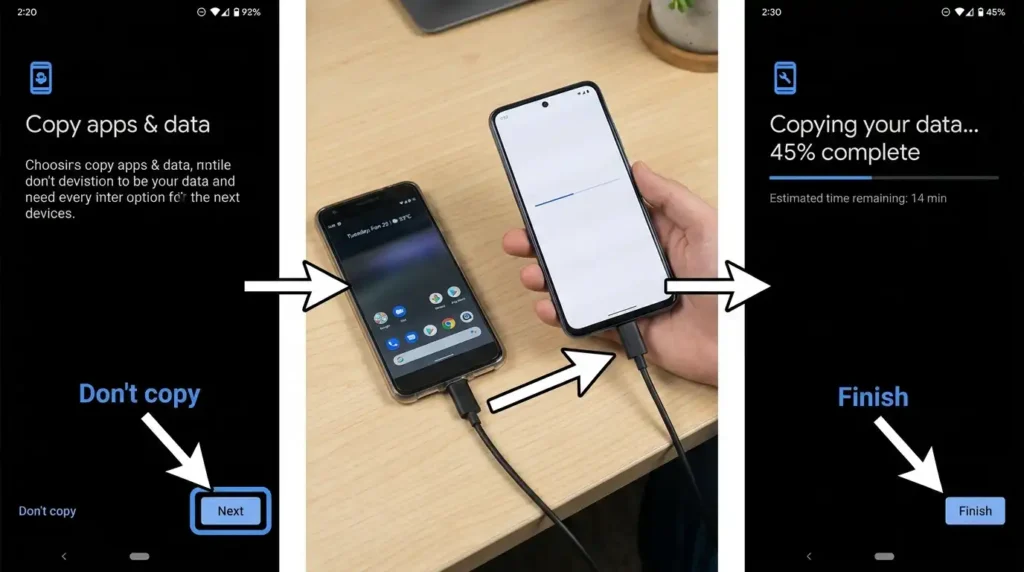 How to Transfer Data from Old Android to New Android Phone (2026 Guide – No Stress) 10 Built-in Android data transfer using cable during phone setup