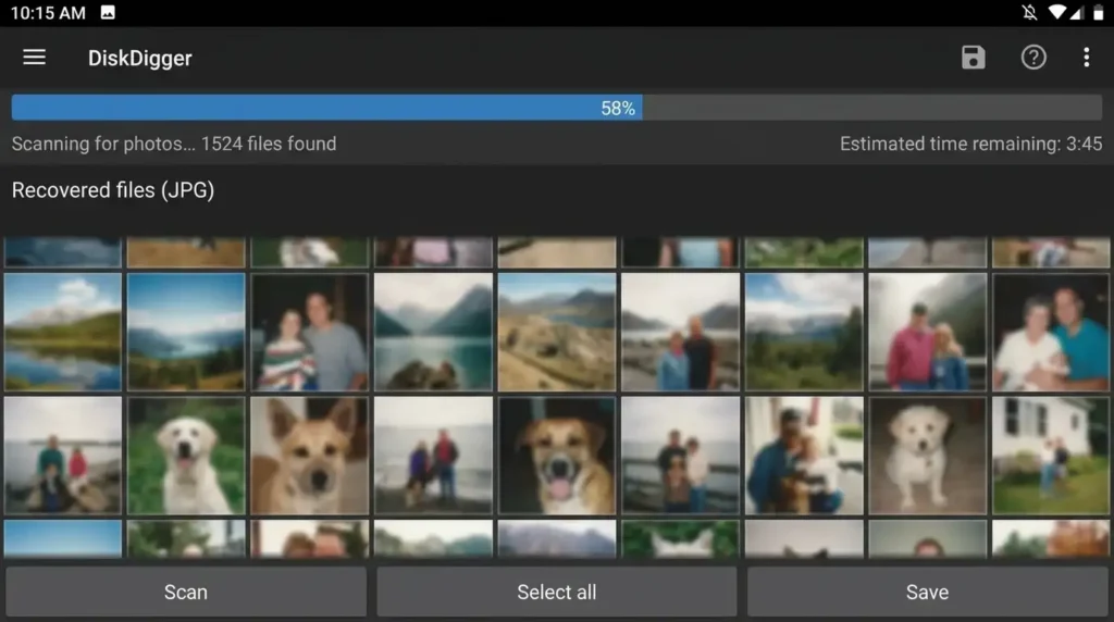 How to Recover Deleted Photos on Android Without Root (2026 Guide) 10 DiskDigger app scanning and recovering deleted photos on Android