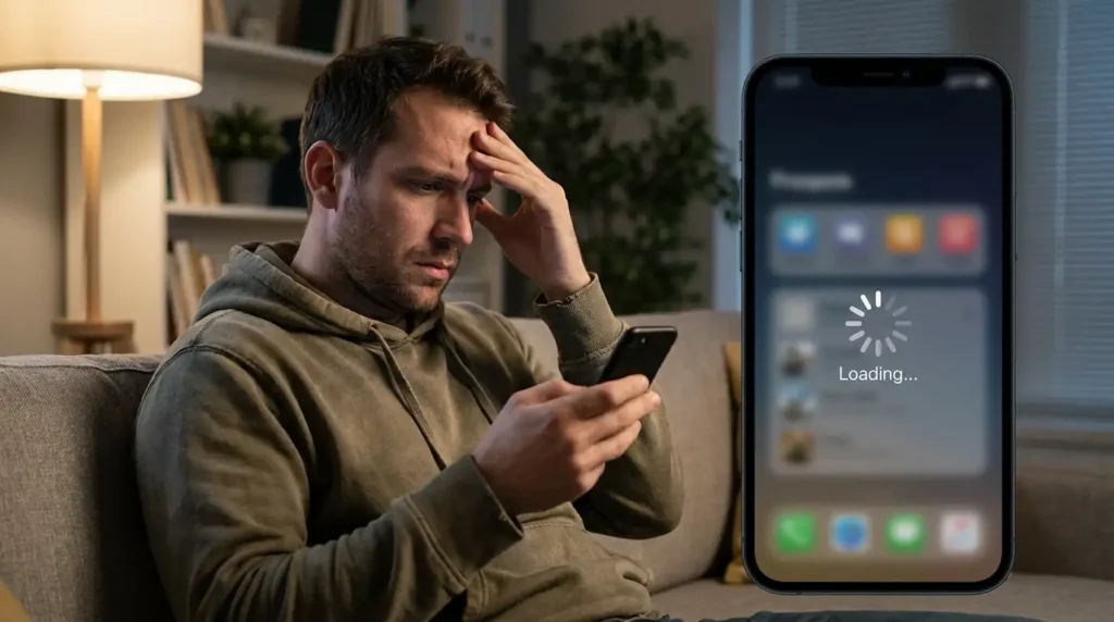 Best Ways to Speed up slow Android phone 2026 (Without Factory Reset) 7 Frustrated man using slow lagging Android phone 2026