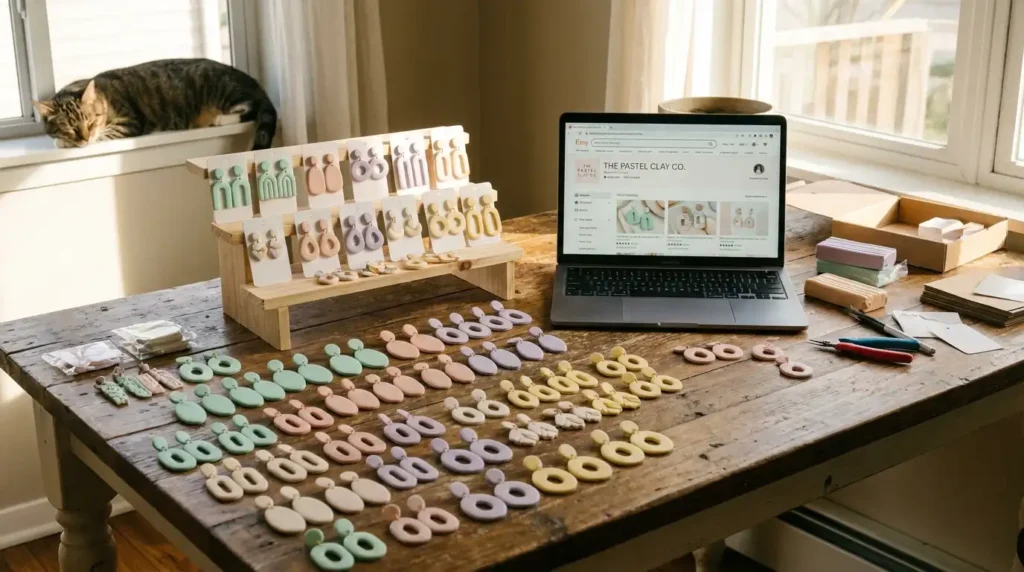 Handmade polymer clay earrings on a home workspace with laptop showing online shop