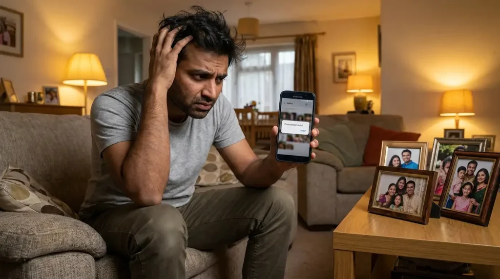 How to Recover Deleted Photos on Android Without Root (2026 Guide) 7 Man looking worried after accidentally deleting photos on Android phone