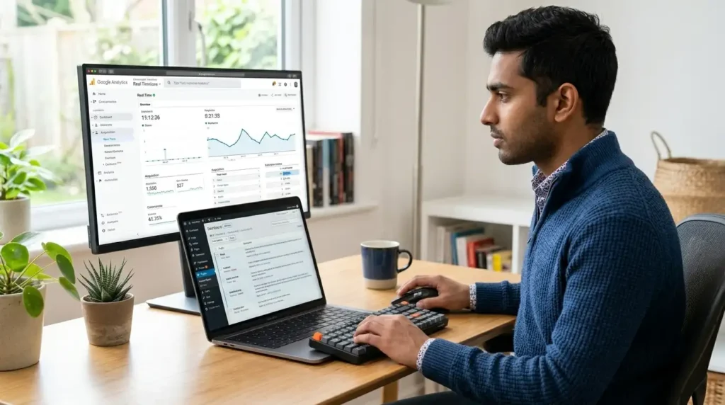 How to Add Google Analytics to WordPress Without Any Plugin (2026 Guide) 1 Person_using_laptop_PDF24_Tools
