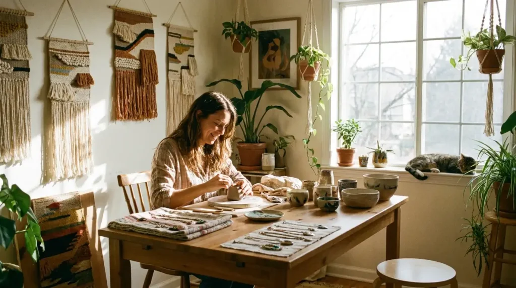 Real handmade seller working on her craft business at home